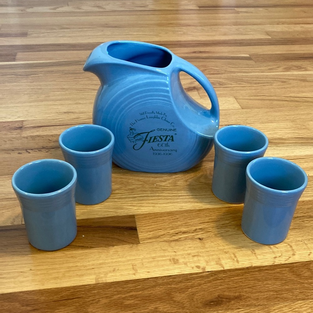 Fiesta 60th Anniversary Beverage Set Periwinkle Disc Pitcher With 4 Tumblers